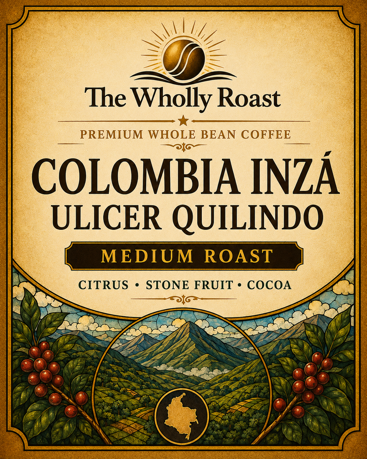 Flat label artwork for The Wholly Roast Colombia Inzá Ulicer Quilindo medium roast coffee
