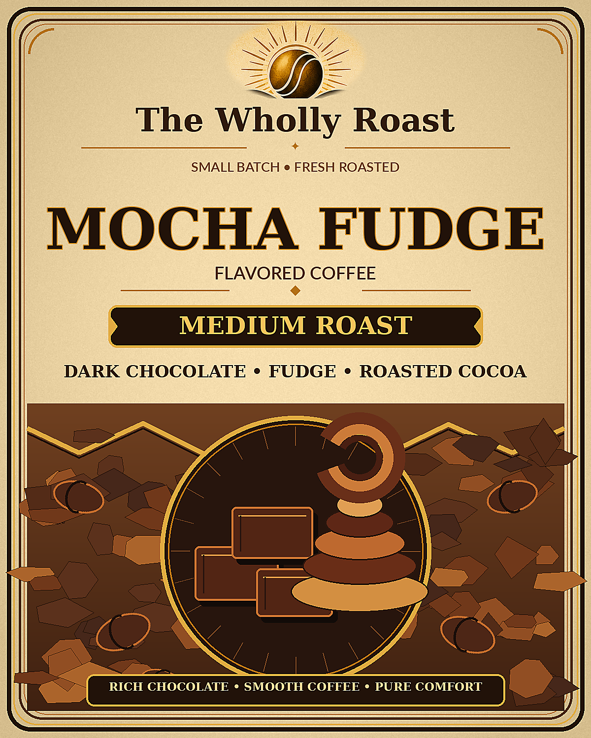 The Wholly Roast Mocha Fudge flavored coffee label