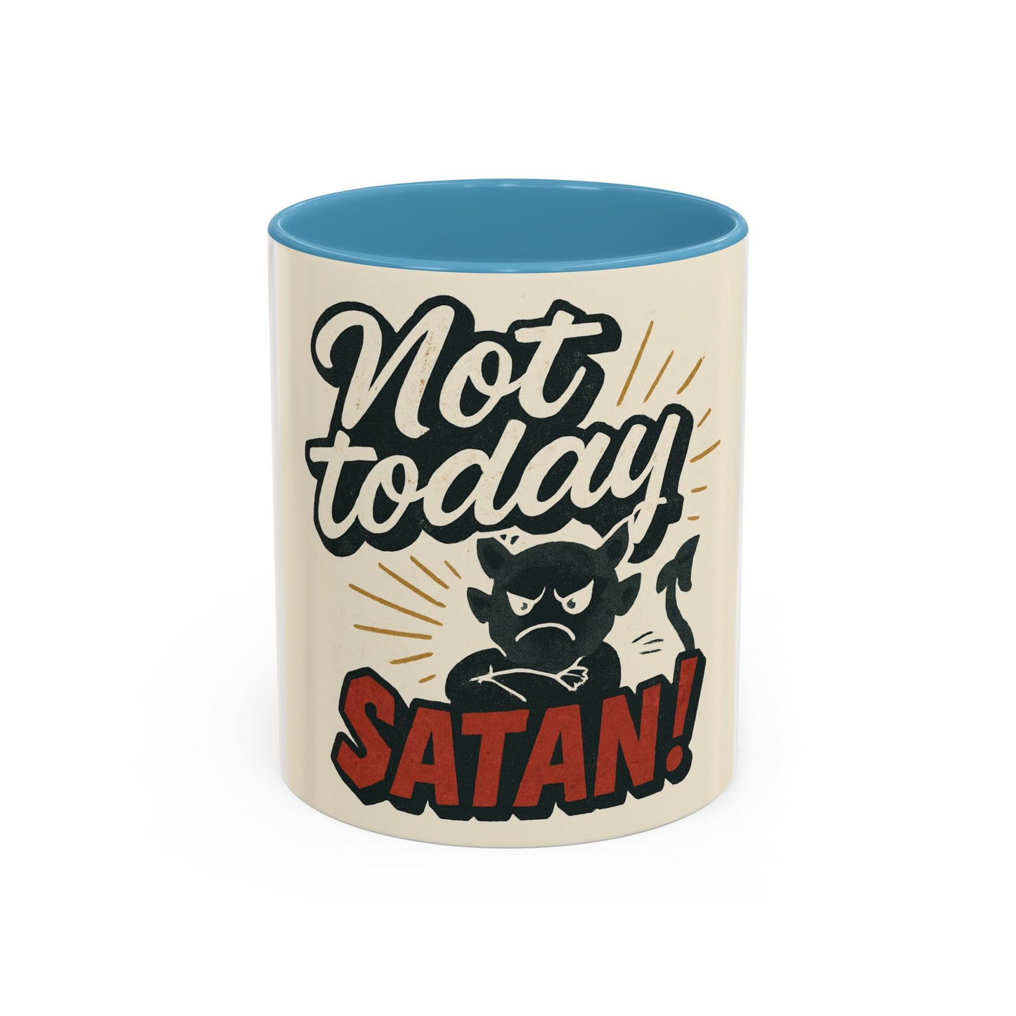 Not Today Satan Coffee Mug — Funny Retro Cat Accent Mug (11/15oz)
