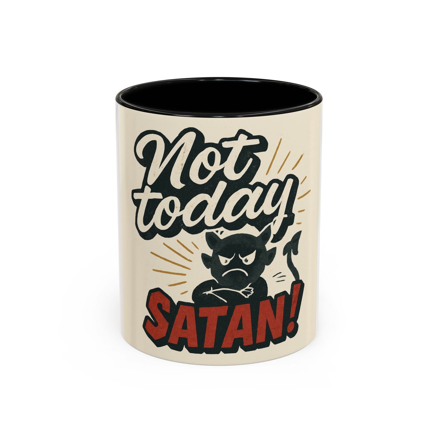 Not Today Satan Coffee Mug — Funny Retro Cat Accent Mug (11/15oz)