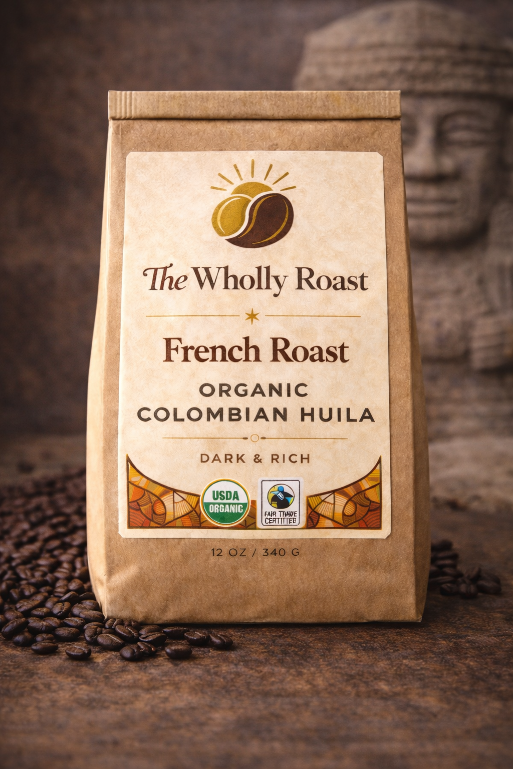 Organic Colombian Huila French Roast dark specialty coffee bag by The Wholly Roast