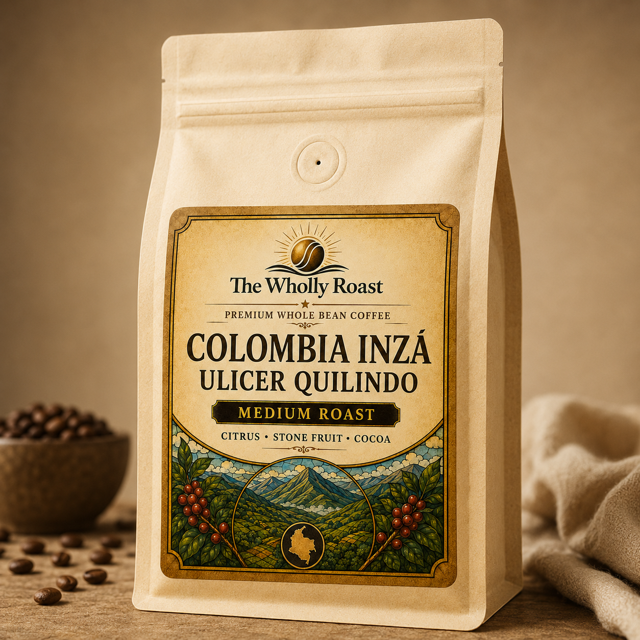 Artisan presentation of The Wholly Roast Colombia Inzá Ulicer Quilindo coffee bag