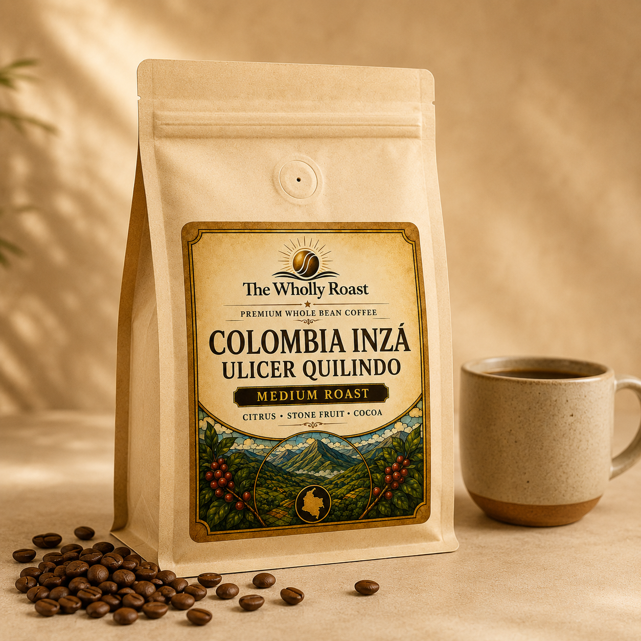 Colombia Inzá Ulicer Quilindo coffee bag with brewed coffee and roasted beans