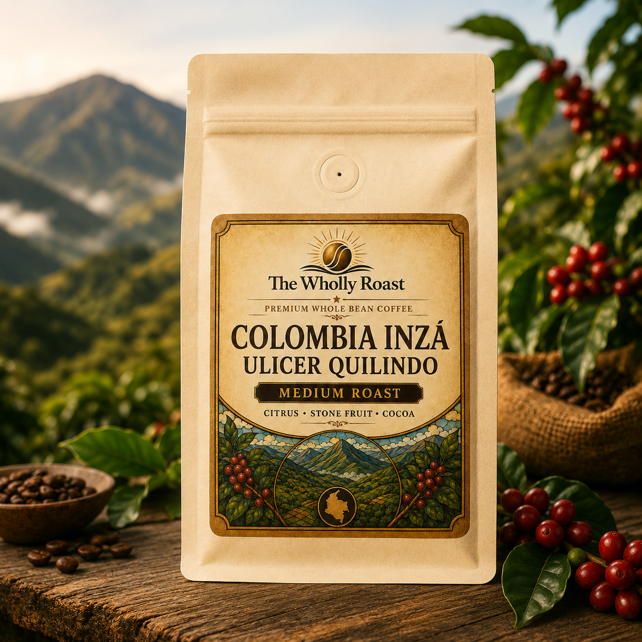 The Wholly Roast Colombia Inzá Ulicer Quilindo coffee bag in a Colombian highland coffee setting