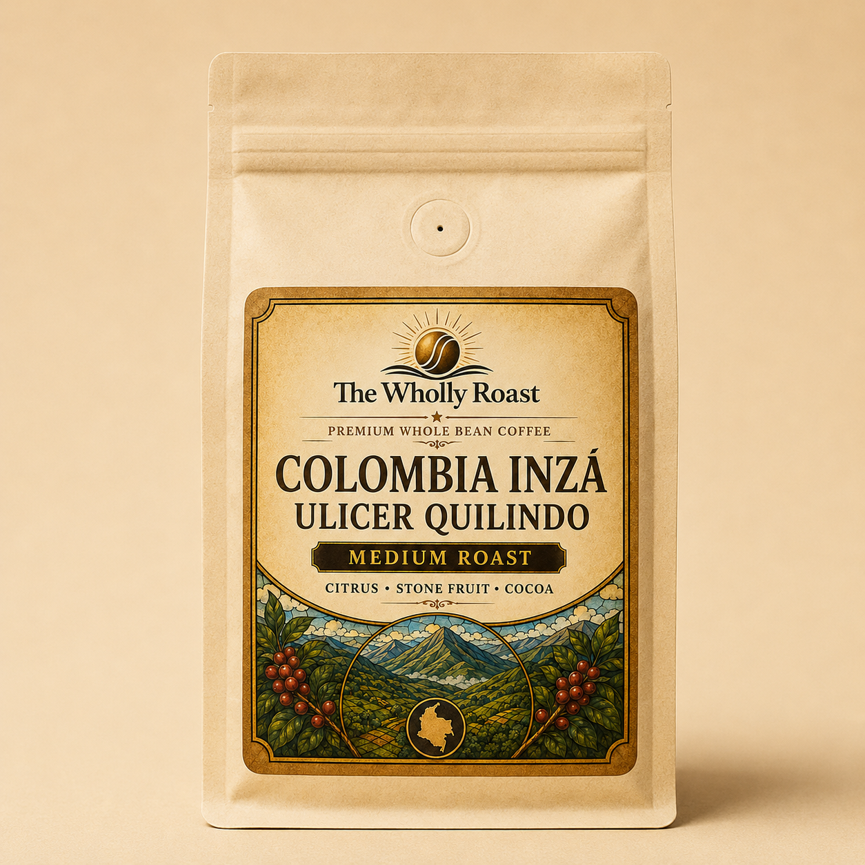 The Wholly Roast Colombia Inzá Ulicer Quilindo medium roast coffee bag