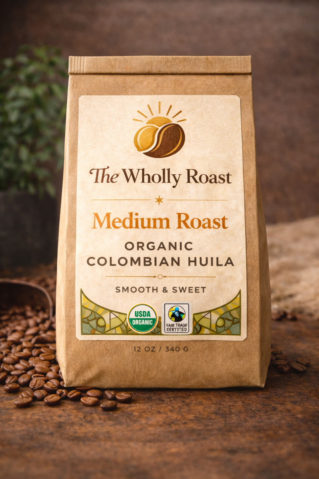 Organic Colombian Huila Medium Roast specialty coffee bag by The Wholly Roast
