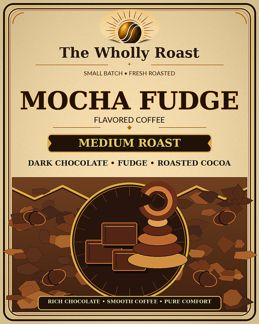The Wholly Roast Mocha Fudge flavored coffee label